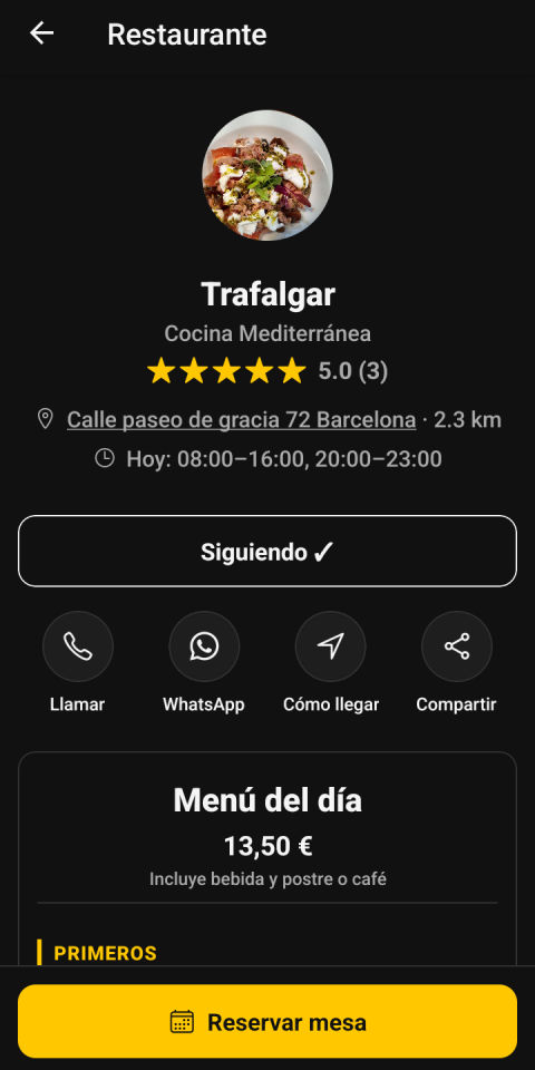 La ficha de cada restaurante
