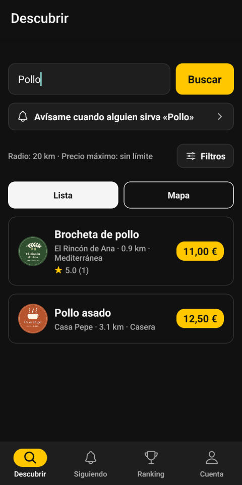 Busca un plato y crea una alerta