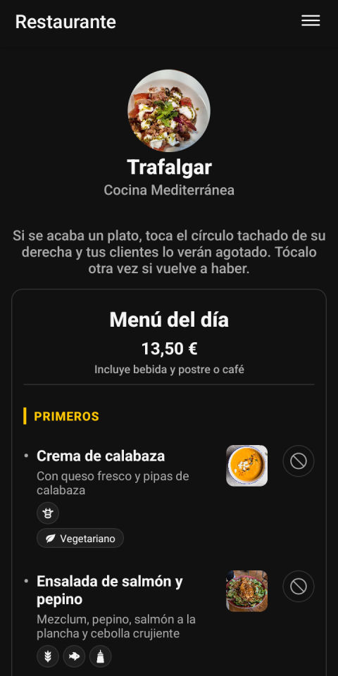 Tu panel: el menú de hoy y los platos agotados